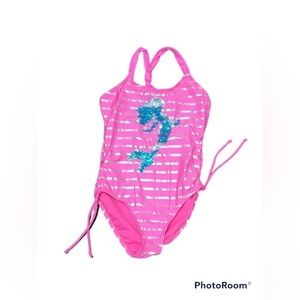 #Girlsquad Pink Silver Striped One Piece Bathing Suit with Sequin Mermaid Sz 10